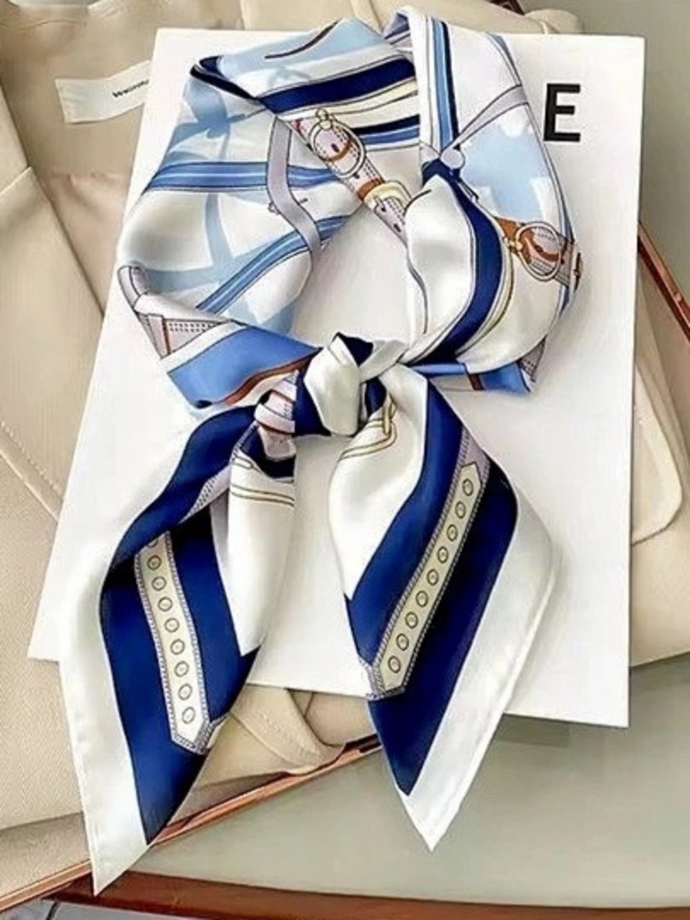 New Geometric Silk Scarf in White & Blue Like New